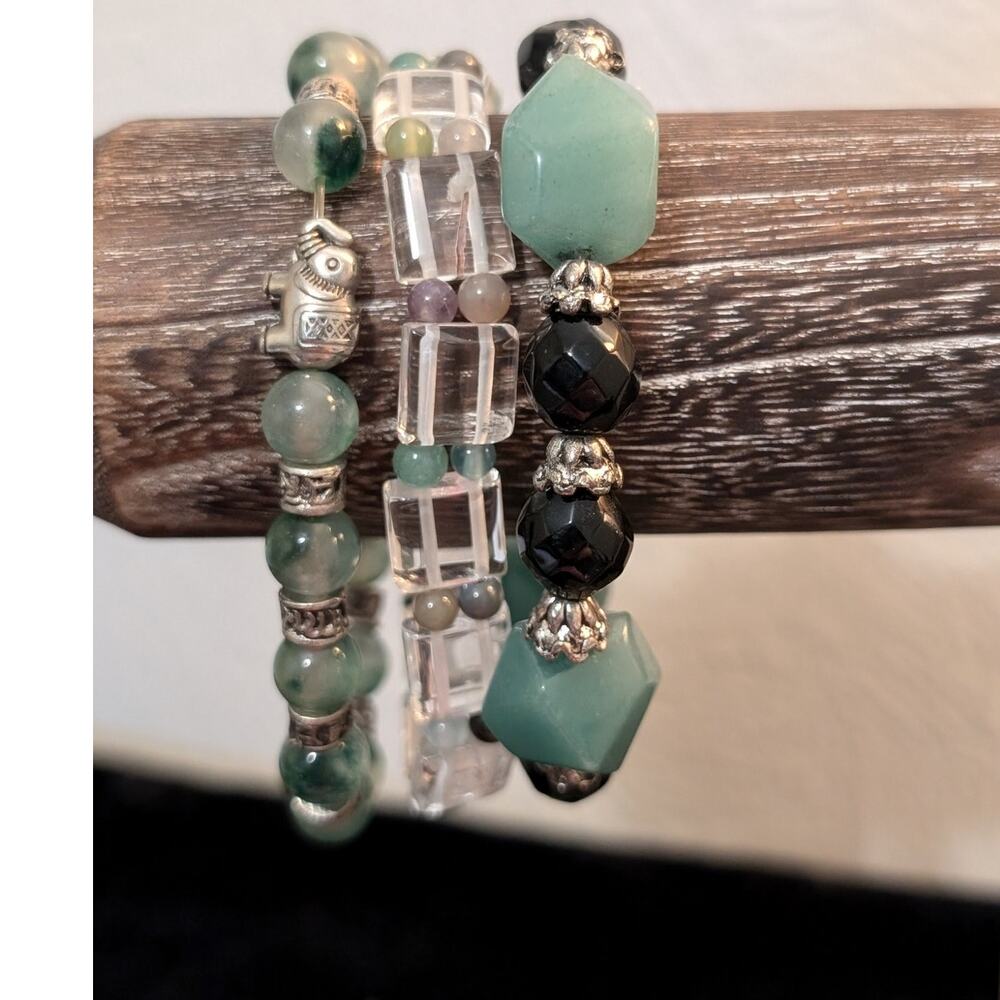 Lot of Three Green Stone Stretch Bracelets